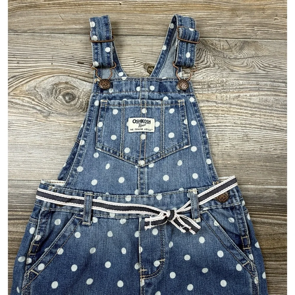 Oshkosh B'Gosh Denim Blue White Polka Dot Overalls Girls 4T Vestpak One-Piece
